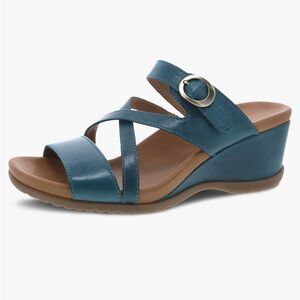 Dansko Ana teal Leather Wedge Sandals with Crisscross Straps size 38/7.5-8